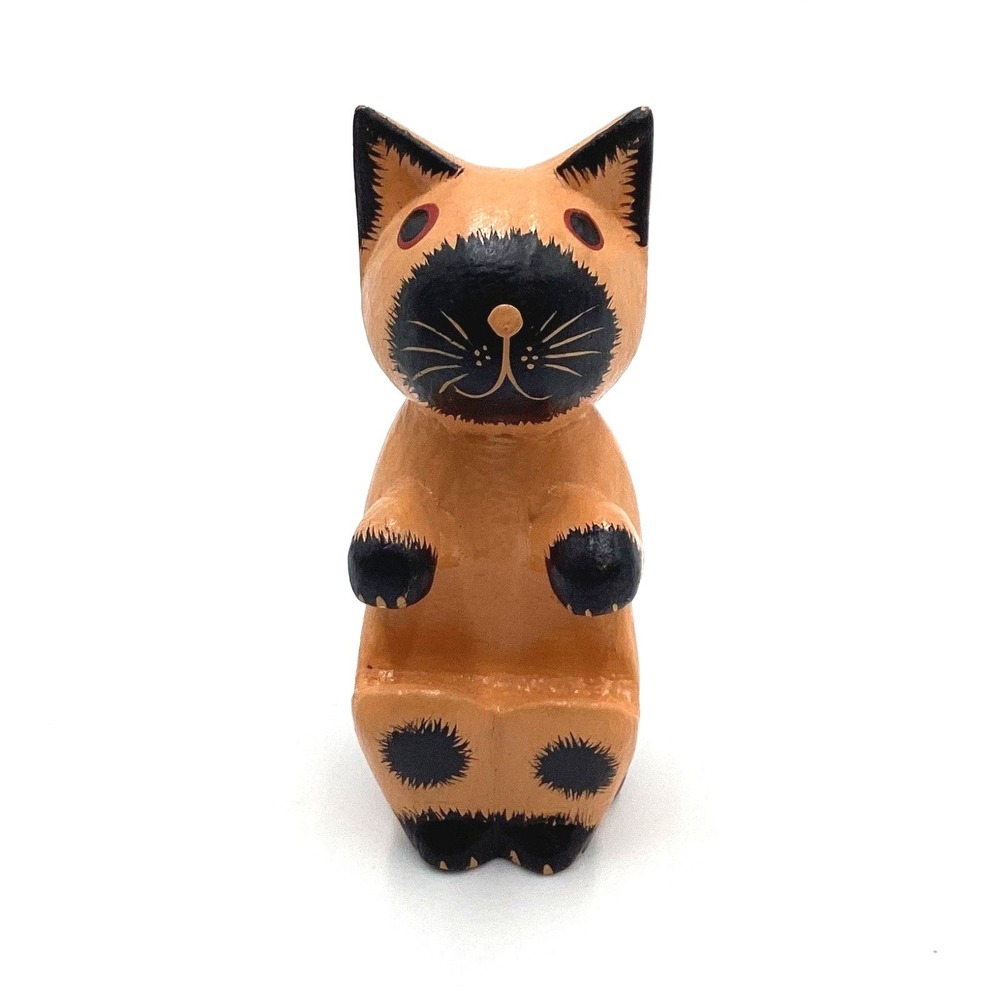 Vintage Roatan Honduras Hand Carved Painted Wood Cat Figurine Folk Art